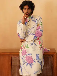 Jompers Floral Printed Band Collar Pure Cotton Straight Kurta