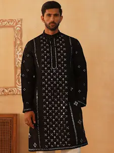 Jompers Ethnic Motifs Embroidered Band Collar Sequinned Straight Kurta