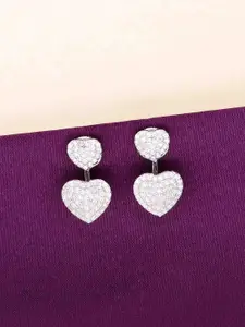 KAI JEWEL Pave Dual Hearts 925 Sterling Silver Rhodium-Plated Cubic Zirconia Studded Studs