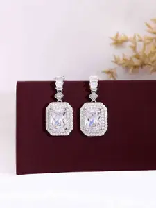 KAI JEWEL Rhodium-Plated 92.5 Sterling Silver Zircon Studded Baguette Drop Earrings