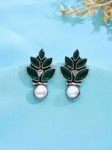 KAI JEWEL Rhodium-Plated 92.5 Sterling Silver Pearls Leaf Shaped Drop Earrings