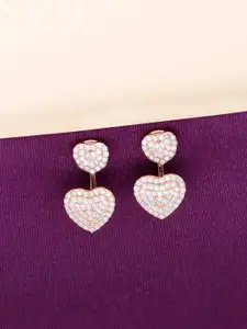 KAI JEWEL Pave Dual Hearts 925 Sterling Silver Rose Gold-Plated Drop Earrings