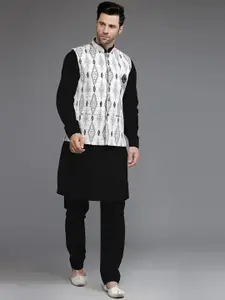 Utsav Fashion Mandarin Collar Cotton Silk Straight Kurta With Trousers & Nehru Jacket
