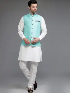 Utsav Fashion Mandarin Collar Straight Kurta With Churidar & Nehru Jacket