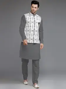 Utsav Fashion Mandarin Collar Cotton Silk Straight Kurta With Trousers & Nehru Jacket