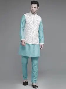 Utsav Fashion Mandarin Collar Cotton Silk Straight Kurta With Trousers & Nehru Jacket