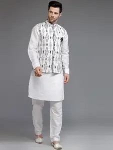 Utsav Fashion Mandarin Collar Cotton Silk Straight Kurta With Trousers & Nehru Jacket