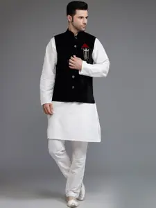 Utsav Fashion Mandarin Collar Cotton Silk Straight Kurta With Trousers & Nehru Jacket