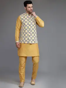 Utsav Fashion Mandarin Collar Cotton Silk Straight Kurta With Trousers & Nehru Jacket