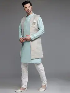 Utsav Fashion Mandarin Collar Straight Kurta With Trousers & Nehru Jacket