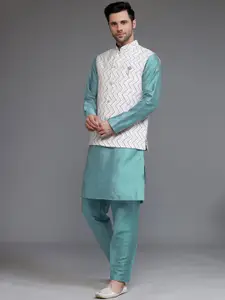 Utsav Fashion Mandarin Collar Straight Kurta With Trousers & Nehru Jacket