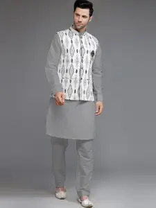 Utsav Fashion Mandarin Collar Cotton Silk Straight Kurta With Trousers & Nehru Jacket