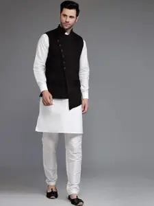 Utsav Fashion Mandarin Collar Straight Kurta With Trousers & Nehru Jacket