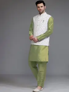 Utsav Fashion Mandarin Collar Straight Kurta With Trousers & Nehru Jacket