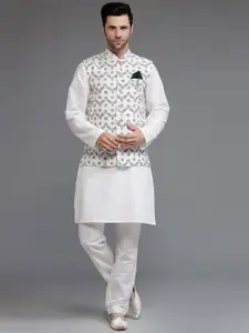Utsav Fashion Mandarin Collar Cotton Silk Straight Kurta With Trousers & Nehru Jacket