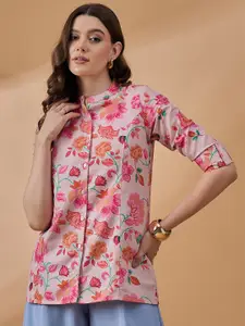 all about you Floral Print Mandarin Collar Roll-Up Sleeves Shirt Style Longline Top