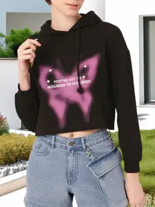 DressBerry Printed Hooded Cotton Terry Relaxed Fit Crop Sweatshirt