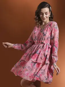 Globus Women Floral Print Layered Georgette Fit & Flare Dress