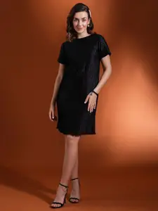 Globus Women Self Textured Round Neck Short Sleeves Sheath Dress