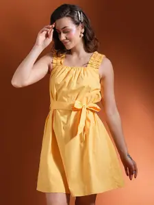 Globus Women Square Neck Shoulder Strap Belted Mini A-Line Dress