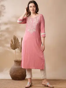 Globus Sequinned & Floral Embroidered Yoke Structured Fabric Straight Workwear Kurta