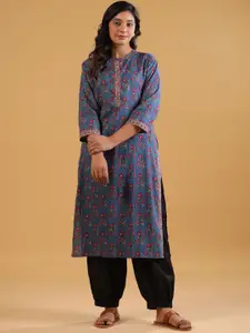 SAVI Floral Mandarin Collar Cotton Straight Kurta