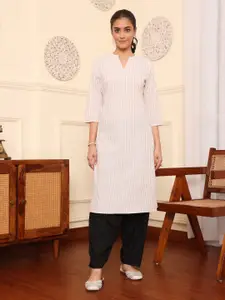 SAVI Striped Mandarin Collar Cotton Straight Kurta