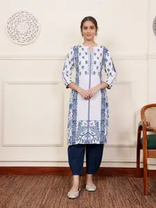 SAVI Floral Printed Notch Neck Straight Kurta