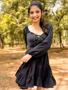 TANDUL Tie-Up Neck Long Sleeves Layered Cotton Fit & Flare Dress