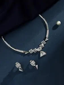 Cierra Silver-Plated AD Stone Studded Elegant Squire & Tringle Shape Choker Necklace Set