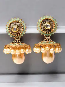 ADIVA Gold Plated Kundan Studded & Pearl Beaded Antique Floral Shaped Jhumkas
