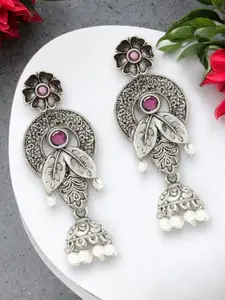 ADIVA Silver-Plated Oxidised Stone & Pearls Dome Shaped Jhumkas