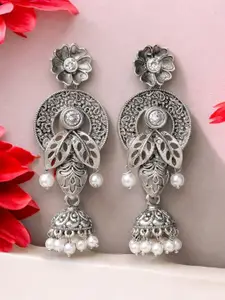 ADIVA Silver-Plated Artificial Stones Studded Oxidised Floral Drop Earrings