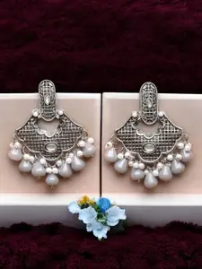 ADIVA Silver-Plated Stone Studded & Beaded Classic Oxidised Drop Earrings