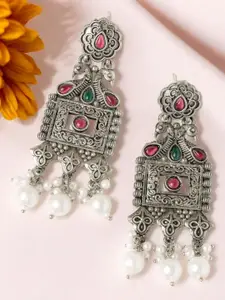 ADIVA Silver-Plated Stone Studded & Beaded Peacock Shaped Drop Earrings