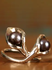 Exotic India Sterling Silver-Plated Pearl-Studded Finger Ring