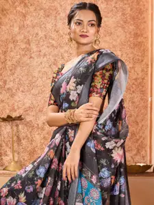 Mitera Linen Blend Floral Zari Festive Saree