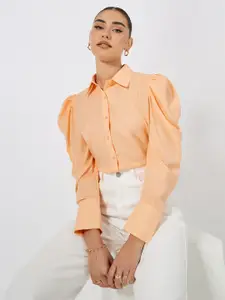 Styli Women Solid Spread Collar Puff Sleeves Casual Shirt