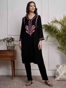 HOUSE OF KARI Floral Printed Thread Work Cotton Straight Kurta