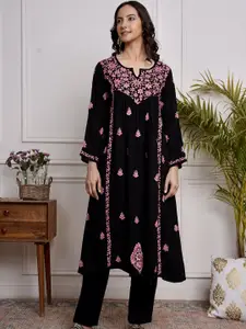 HOUSE OF KARI Floral Printed Thread Work Cotton Straight Kurta