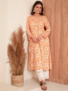 HOUSE OF KARI Notch Neck Floral Printed Cotton Straight Kurta