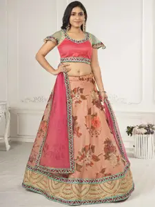 SAPTRANGI Floral Printed Mirror Work Ready to Wear Lehenga & Blouse With Dupatta
