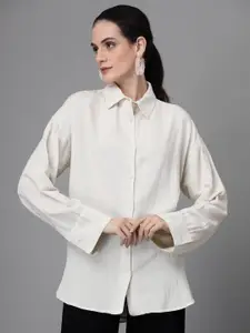 Global Republic Women Spread Collar Solid Striped Cotton Casual Shirt