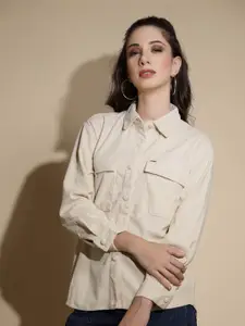 Global Republic Women Spread Collar Solid Cotton Casual Shirt