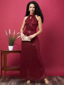 BAESD Women Embellished Halter Neck Net Bodycon Midi Dress