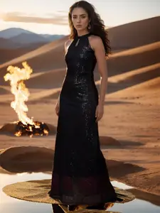 BAESD Embellished Keyhole Neck Sleeveless Sequinned Net Maxi Gown Dress