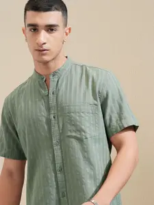 HIGHLANDER Men Mandarin Collar Striped Cotton Casual Shirt