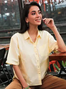 PINACOLADA Women Relaxed Spread Collar Solid Cotton Boxy Casual Shirt