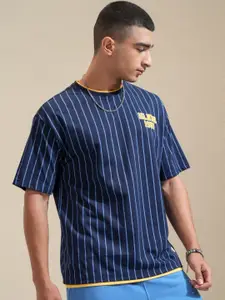 HIGHLANDER Men Multi or Variegated Striped Round Neck Cotton Oversized T-Shirt