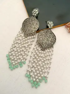 ABDESIGNS Silver-Plated Stones Studded & Beaded Contemporary Tasselled Drop Earrings